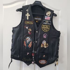 Street & Steel Black Leather Biker Vest with Patches, Pins & Extras